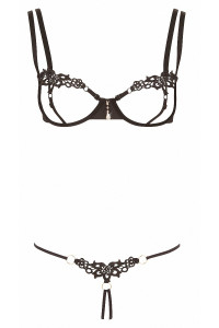 Ensemble dentelle string ouvert et seins nus noir - Cottelli Lingerie