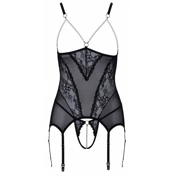 Guêpière seins nus et string ouvert résille et perles - Cottelli Lingerie