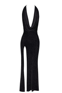 Robe longue fendue Onyx F373 - Noir Handmade
