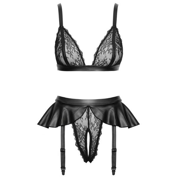 Soutien-gorge et slip fendu à jarretelles noir - Cottelli LINGERIE