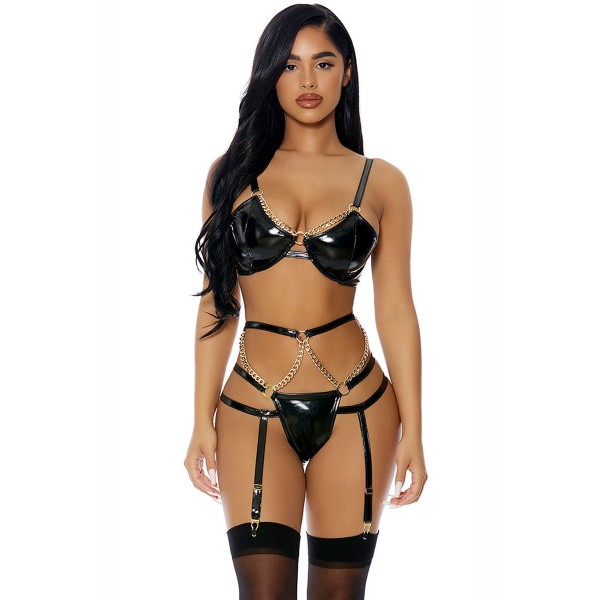 Ensemble 3 pièces à jarretelles en faux cuir - J Lingerie