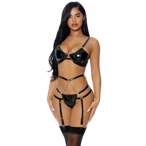 Ensemble 3 pièces à jarretelles en faux cuir - J Lingerie