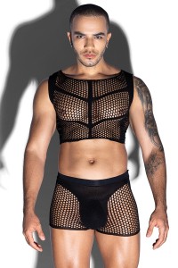 Ensemble top et boxer noir en maille résille - J Lingerie