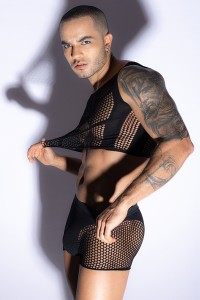 Ensemble top et boxer noir en maille résille - J Lingerie