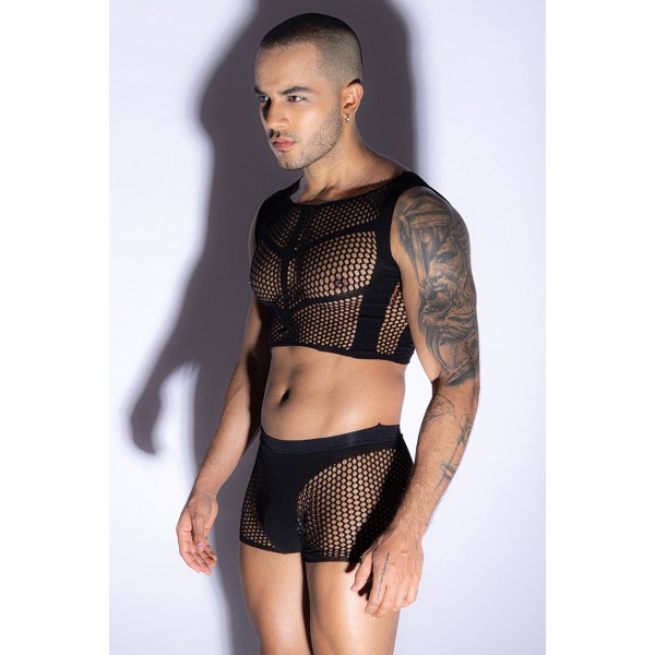 Ensemble top et boxer noir en maille résille - J Lingerie