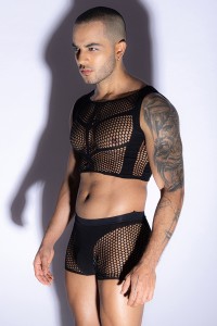 Ensemble top et boxer noir en maille résille - J Lingerie