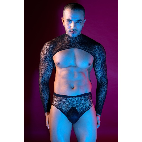Ensemble top et slip noir en maille résille - J Lingerie