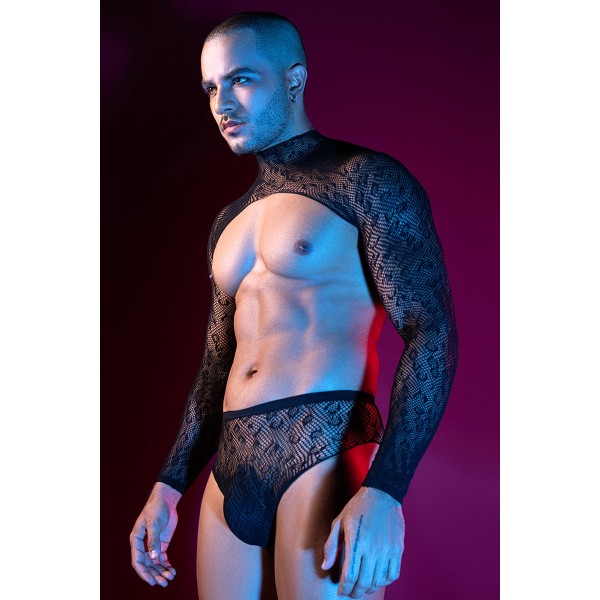 Ensemble top et slip noir en maille résille - J Lingerie